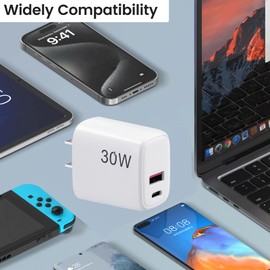 USB C Fast Charger for Smartphone - USB + Type C 30W Wall Charger Hub for Phones Pad Laptop