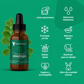 Extraherbos Aceite de Moringa Puro Orgánico, Prensado en Frío, Facial y Capilar, Antiedad, Rico en Vitamina E - Hidratación Profunda, Elasticidad y Reducción de Arrugas, 30ml
