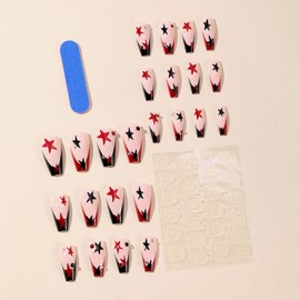 Press on Nails Medium Black Red Pentagram False Nails Black Red French Tip Fake Nails with Rhinestones Full Cover Acrylic Nails Artificial Coffin Nails DIY Stick on Nails Set Glue on Nail for Women