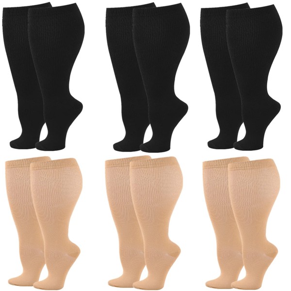 Zingso Wide Calf Compression Socks for Men and Women 2 Pairs Plus Size Extra Large Support Socks Stockings Reduces Swelling and Pain for Nurses Running Pregnancy Travel Flight 20-25mmHg, 6 pairs, 3 black, 3 beige