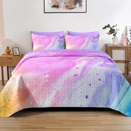 Pamnest Quilt Set Full/Queen Size, Tie Dye Colorful Marble 3 Pcs Soft Bed Cover Bedding Set for Kids and Adults, Girly Blue Purple Pink Lightweight Bedspread Coverlet with Pillow Sham for All Season