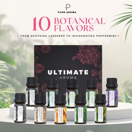 PURE AROMA Essential Oils by Ultimate Aroma Top 10 Aromatherapy Oils Gift Set - Lavender/Tea Tree/Eucalyptus/Peppermint/Lemongrass/Sweet Orange/Bergamot/Frankincense/Rosemary/Ylang Ylang (10ml).