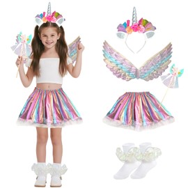 WBZOTSS Girls Unicorn Princess Dress Up Set, 5 Pieces, Tutu Skirt with Wings, Wand, Headband, Socks (Color D, 5-8 years old)