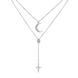 DAOSHANG Sterling silver Layered Necklaces for Women Moon and Star Pendant Multilayer Long Necklace four-pointed Star Necklace Choker Chain Adjustable Lucky Trendy Jewelry, Sterling Silver, Cubic Zirconia