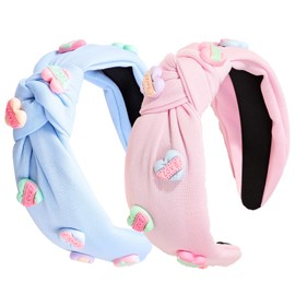 SHROMNYXIN Headbands for Women Heart Headband Non Slip Bow Headbands Girls Beaded Hairband Cute Top Knot Headband Rhinestone Heart Bride Hair Accessories Light Pink Blue