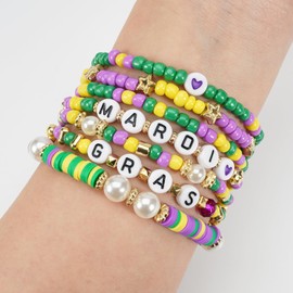 Jocbean Mardi Gras Beaded Bracelets with Pearls Stars Stackable Bracelet for Women