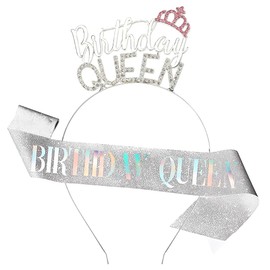 Birthday Queen Sash and Crown Tiara for Women Silver Glitter Happy Birthday Headband Hats Birthday Party Hats Decorations Supplies Photoshooting Props Birthday Gifts for Mom Grandma Women Friends