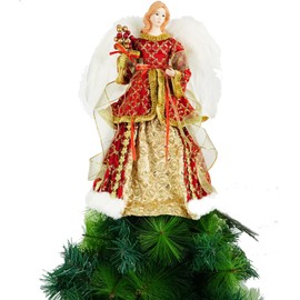 ARCCI 16 inch Christmas Angel Tree Topper, Red Angel Treetopper with White Feather Wing, Xmas Flying Angel Tree Top Figurine Decorations, Fairy Goddess Holidays Indoor Home Ornaments Decor