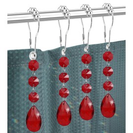 Yapicoco Shower Curtain Hooks Rings for Bathroom, 12PCS Gemstone Crystal Bead Water Drop Stainless Steel Rust Resistant Clear Shower Curtain Rings (Red)
