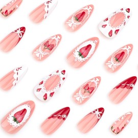 Strawberry Press on Nails Medium Almond, Bow French Tip Fake Nails with Glue, Strawberries Bows Pearl Rhinestones Stick on Nails Full Cover Pink Glossy False Nails for Women Manicure Decoration, 24PCS
