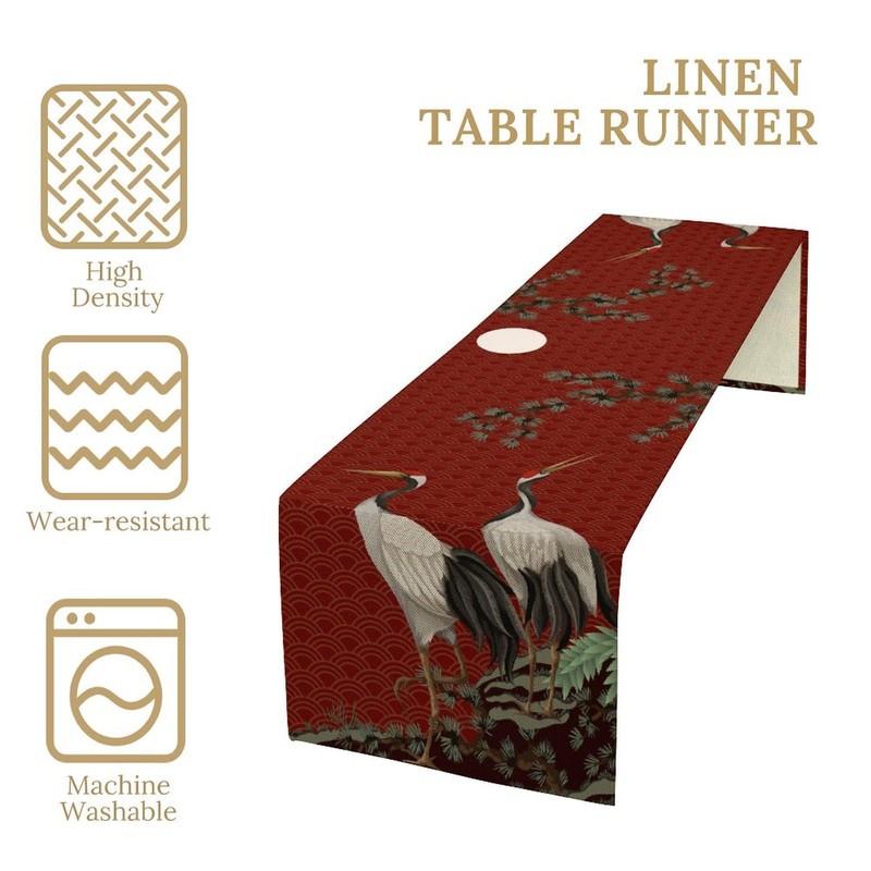 Chinoiserie Crane Table Runner, Asian Japanese Crane Pine Tree Branchs