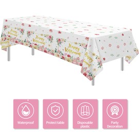 FVABO Retirement Decorations Party Tablecloth for Women Girl, 3Pcs Disposable Gold and Pink Floral Happy Retirement Party Table Cover Supplies for Teacher, Family, Workplace Farewells, 55in x 86in