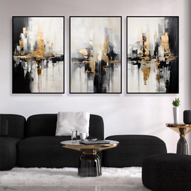 Black and Gold Abstract Canvas Wall Art Gold and Grey Artwork Black Gold White Grey Pictures Wall Art for Living Room Modern Abstract Prints Black White Gold Abstract Picture 16x24inchx3 No Frame