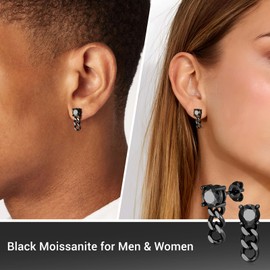 HOBT Black Moissanite Stud Earrings - VVS1 Quality D Color Round Cut 925 Sterling Silver Black Round/Square/Cuban Link Chain Black Diamond Jewelry Gift Set for Men Women