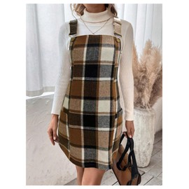 Milumia Women's Plaid Sleeveless Overall Dress Flannel Pinafore Short Dresses Brown Large