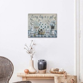 Farmhouse Flower Bathroom Decor Wall Art Rustic Flower Every Day Is A Gift Butterfly Floral Pictures Wall Decor Canvas Painting Prints Artwork Home Decorations Framed for Bedroom Living Room 20"x16"
