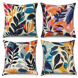 ASDCXZ Cushion Cover 40 x 40 cm Set of 4 Modern Art Graffiti Leaves Colourful Sofa Decorative Cushion Covers Washable Polyester Flax Textile Outdoor Pillowcase Cushion Cover