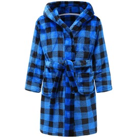 ECGK Boys Fleece Robe, Hooded Toddler Soft Fuzzy Bathrobe for Kids 2-16 Years Blue Plaid 15-16 Years