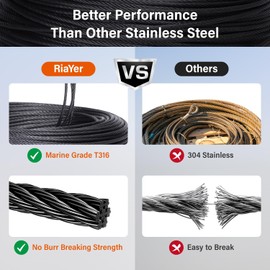 Riayer 200FT 1/8" Black T316 Stainless Steel Wire Rope kit with Cutter, 7x7 Construction - Aircraft Cable for Deck Railing, Stair & Marine Rigging
