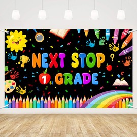 MEHOFOND Kindergarten Graduation Party Decorations Banner Next Stop 1st Grade Backdrop Kindergarten Congrats Graduate Class of 2025 Banner Black Photo Background for School Prom Party Supplies