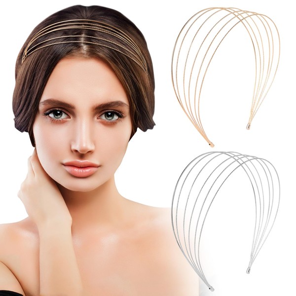 GOKEPO 2Pcs Multi Layers Metal Headbands Fashion Thin Elastic Metal