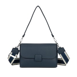 Women's Stylish Flap PU Leather Fashion Shoulder Bag Handbag with Wide Strap - NAVY