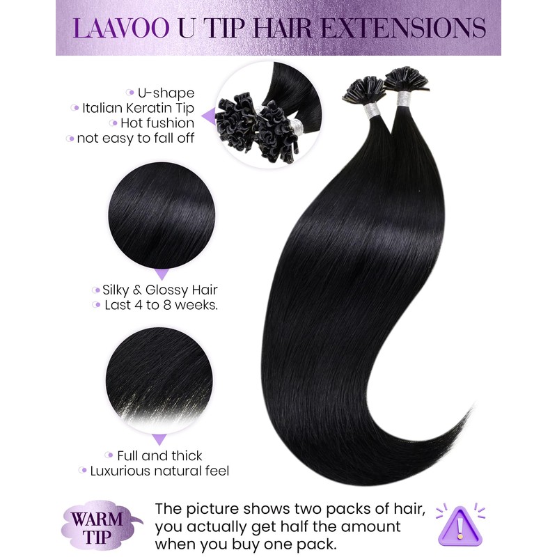 LaaVoo Real Hair Bondings Black 60 cm Bonding Extensions Black