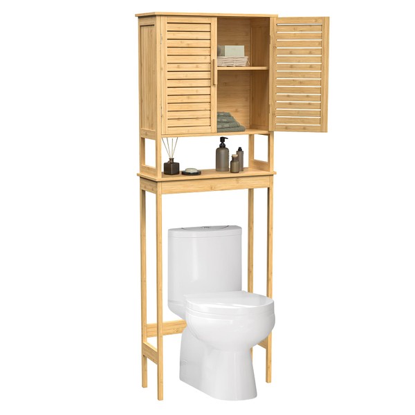 SONGMICS Over The Toilet Storage Cabinet, Bathroom Shelf Over Toilet with Adjustable Inside Shelf, Space-Saving Toilet Rack, Natural UBTS010N01