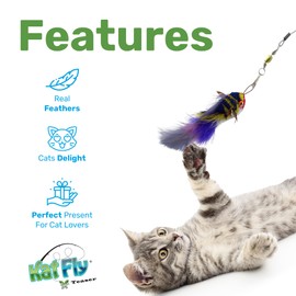 Kat Fly Cat Wand Refill Teaser Toy - Interactive Cat Wand Toy Attachment with Real Feathers - Fish (Blue)