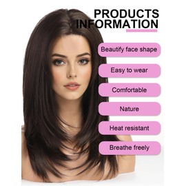 WOKESTAR Layered Straight Natural Brown Wigs for Women, Heat Resistant Wig with fringe for Daily