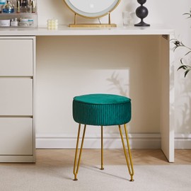 IBUYKE Velvet Round Footrest Stool Ottoman, Makeup Vanity Stool Side Table, Velvet Dressing Table Seat, Pouf Couch Stool, Golden Steel Legs, Green LG-30L