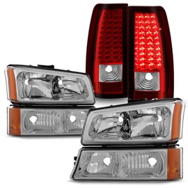 AKKON - Fit 2003-2006 Silverado 1500/ 1500HD/ 2500/ 2500HD/ 3500 07 Classic Chrome Headlights + Bumper + LED Red Clear Tail Lamp