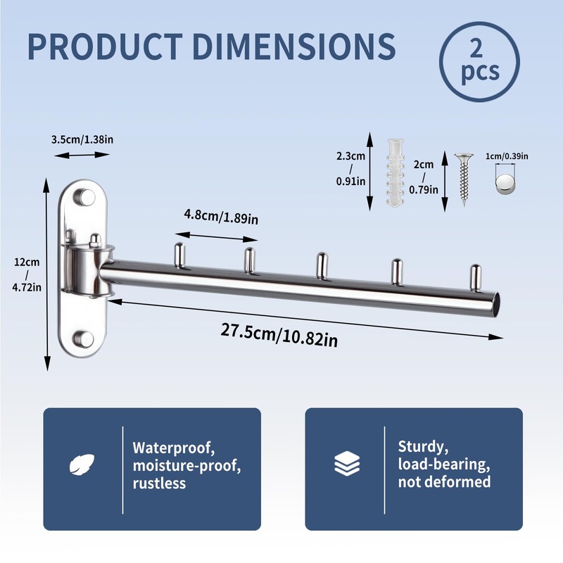 2Pcs Folding Wall Mounted Clothes Hanger Rack, Stainless Steel Clothes