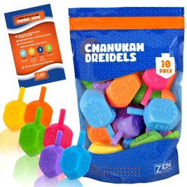 Zion Judaica Hanukkah Dreidels in Bright Colors Medium Plastic with English Transliteration - Ziplock Bag (10 Pack)
