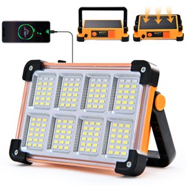Rechargeable Solar Work Light Portable - IP66 Waterproof Job Site Flashlight with Stand, 144 LED 6600MAh Solar Flood Light for Mechanic, Camping, Car Repair, Fishing, Emergency,Saffron