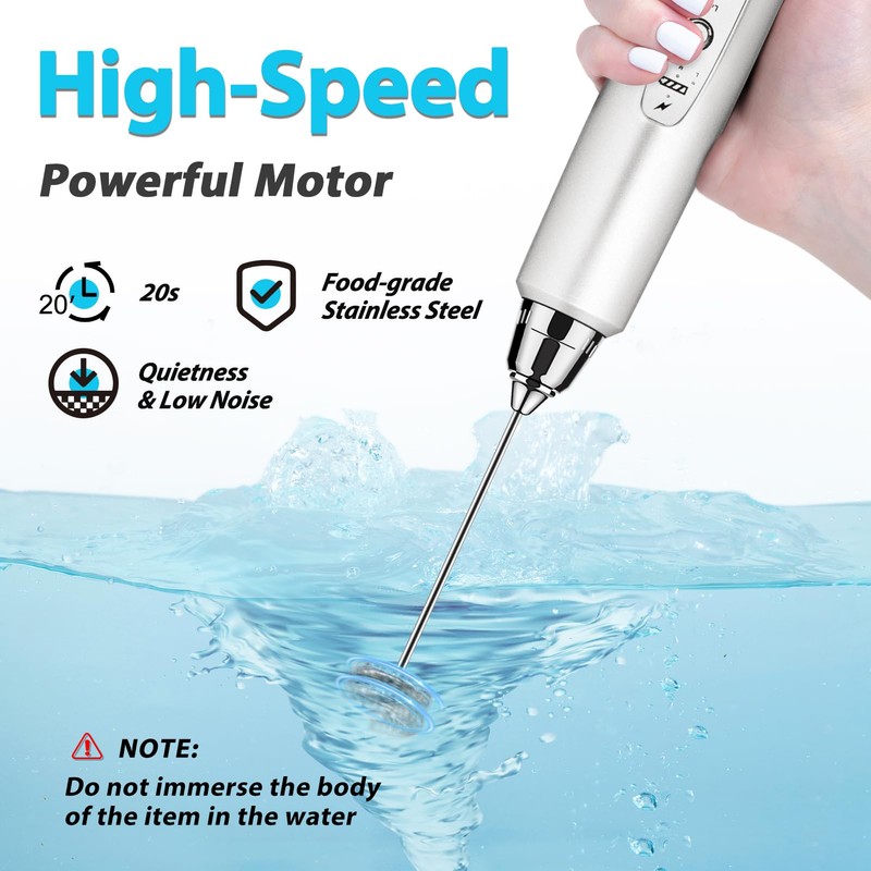 Sakgos Milk Frother Rechargeable Handheld-Electric Whisk 3 Speed Adjustable, Coffee