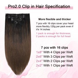 Sweetmet Pro2.0 Clip in Hair Extensions Real Human Hair 22inch #1BT4 Natural Black Fading to Middle Brown Remy Real Hair Extensions Clip in Human Hair 7pcs 120g（#1BT4-22inch）