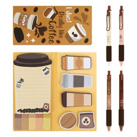 Coffee Sticky Notes Set with 4-Piece Gel Pens Bundle, Cute Writing Memo Pad Sticky Notes Pads to Do Notepad for School Office Home (Coffee)