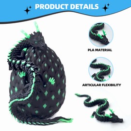 3D Printed Dragon Eggs with Dragon Inside,3D Printed Fidget Animals,Glow in The Dark Articulated Animals,Home Figurine Decor (Black-Green)