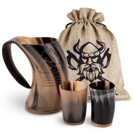 VIKING CRAFT® Drinking Horn Viking Jug 600 ml - Large Horn Jug Odin and 2 Viking Cups for Your Viking Mead Honey Wine - Horn Cup, Viking Decoration, Horn Set, Medieval, LARP, Bowls