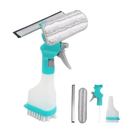 3 in 1 Window Squeegee Cleaning Kit, Window Cleaning Bottle with Spray Multipurpose Glass Cleaner Scrape-r Brush Window Washing Tool for Indoor/Outdoor (blue)