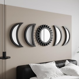 WAKOSAN Wall Mirror, Moon Phase Mirror Set, Wall Decor for Bedroom, Bohemian 5PCS Wooden and Real Glass Mirror with Crystal Clear Reflection, Boho Decor, Multi-Angle Installation (Black)