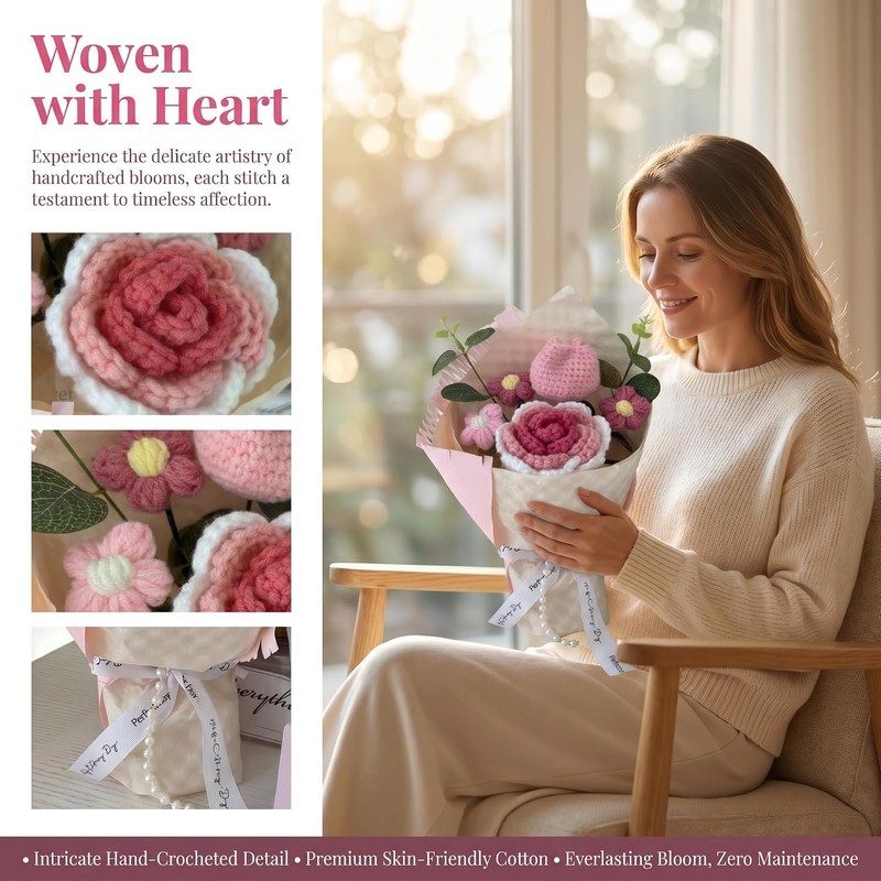 Pink Crochet Flower Bouquet with Card