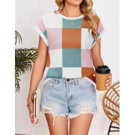 ZESICA Womens Summer Casual Printed Tops Cap Sleeve Crew Neck Cute Knit Sweaters 2025 Trendy Clothes Outfits,White Pink,Medium