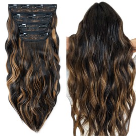 4PCS-11Clips in Hair Extensions Clip in Curly Synthetic Hair Extension Fiber Hair Pieces 22 Inches Long Hair Extensions for Women Wavy Hair Pieces for Full Head-Curly #Natural Black to Sandy Brown