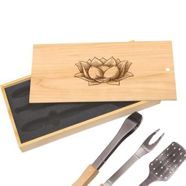Unique Lotus Flower Engraved BBQ Tool Set for Grill Masters: Premium Stainless Steel Spatula, Tongs & Fork - Ideal Gift for BBQ Lovers, Customizable Box Design, Perfect for Outdoor Cooking & Grilling