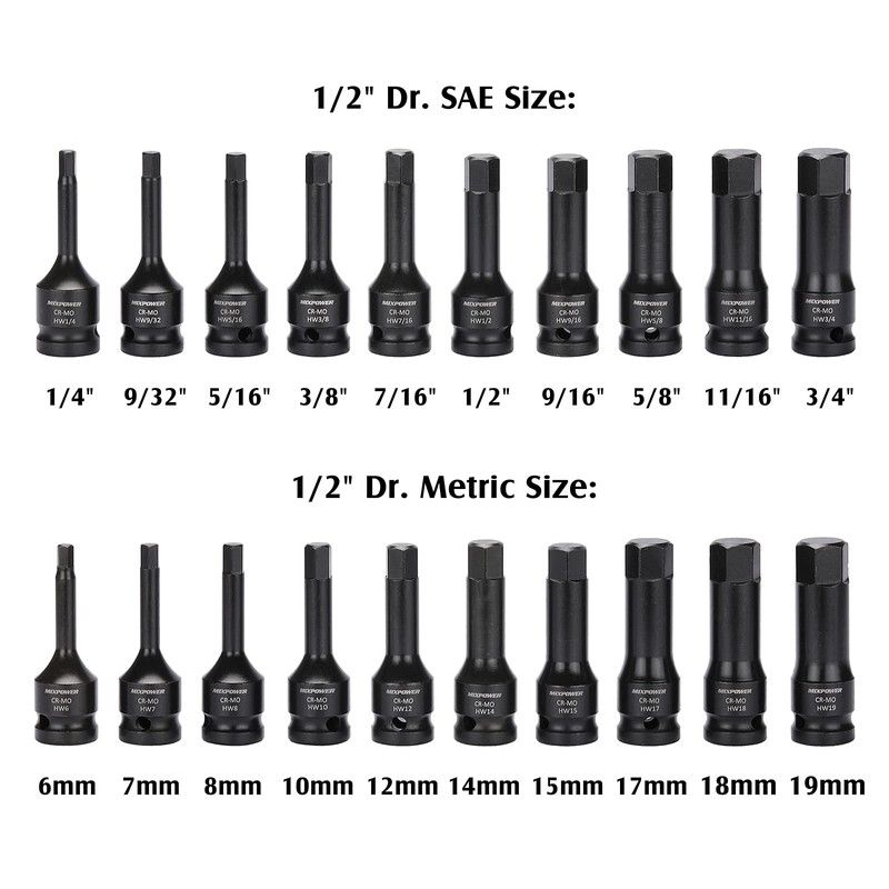 MIXPOWER 1/2" Drive Master Impact Hex Bit Set, Hex Driver,