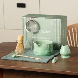 Matcha Whisk Set, 8 Pcs Ceramic Matcha Kit Includes Bowl, Whisk and Holder, Bamboo Scoop, Sifter and Tea Towel for Ceremony, Matcha Lover