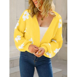 SECRETEYARD Women's Floral Printed Cropped Cardigan Open Front Y2k Knit Sweater Tops Yellow