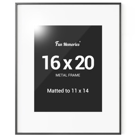 Fun Memories 16x20 Black Frame, 16 x 20 Metal Picture Frame with Mat for 11x14 Photo - High Definition Plexiglass - Vertical and Horizontal Display - Wall Hook Hanging Hardware Included -Set of 1